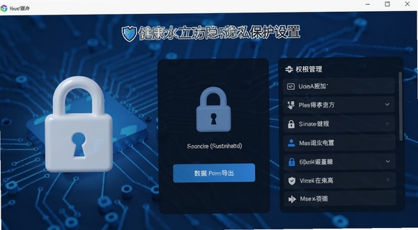 健康水立方隐私保护设置页面,展示加密锁图标、数据导出按钮和权限管理列表,背景为科技感蓝色调,强调安全可靠的产品特性
