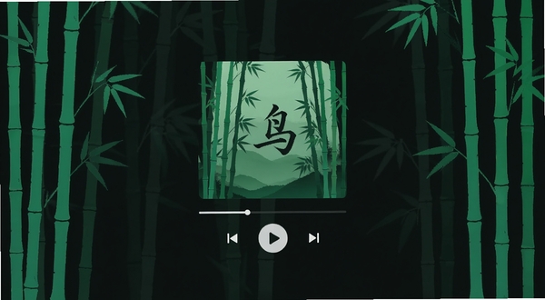 竹林鸟音频播放器主界面,采用极简风格,深色背景配以翠绿色竹林剪影元素,中央显示专辑封面与播放控制按钮,整体画面干净通透,突出音乐与自然融合的意境,界面布局清晰,图标简约,适合作为软件展示图