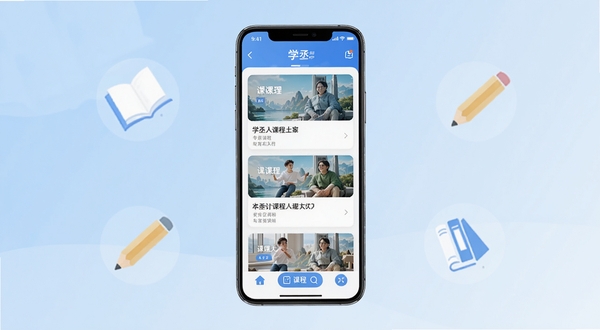 现代风格教育软件主视觉图,画面中央展示一部手机,屏幕中显示学丞APP的课程列表界面,背景为淡蓝色渐变,带有简约书本与铅笔图标点缀,整体明亮清晰,突出在线学习与效率管理主题