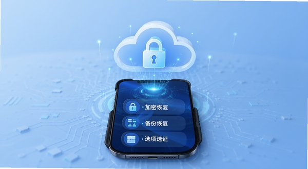 学丞APP数据安全示意图,画面中一台手机上方悬浮云朵与锁形图标,下方列出备份与恢复选项,背景为浅蓝色科技感渐变,强调加密与可靠性