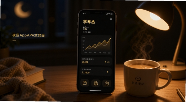 学丞APP夜间模式界面概念图,手机屏幕呈现暗色背景,文字与图表使用暖黄色高亮,旁边放置一杯热饮与台灯,营造舒适放松的夜间学习氛围,突出护眼功能
