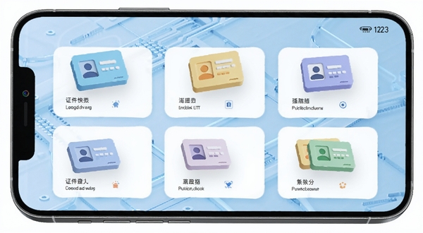 123证件管理助手手机主界面,展示证件分类卡片,背景为浅蓝色科技感纹理,证件图标立体悬浮,现代简洁风格