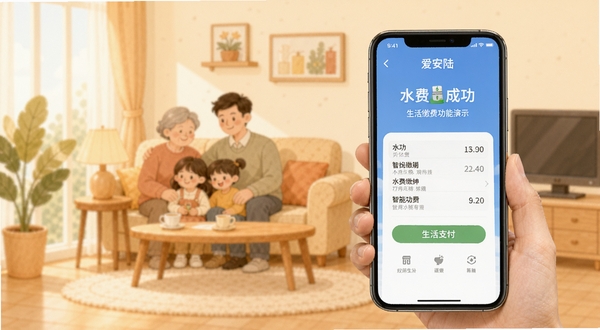 爱安陆APP生活缴费功能演示,手机屏幕显示水费缴纳成功界面,背景配有家庭生活场景插画,色调温馨,突出便捷支付与智能生活体验。