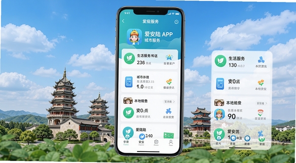 爱安陆APP主界面预览图,手机屏幕显示城市服务列表,背景为安陆市地标建筑与蓝天白云,整体风格清新自然,UI设计简洁,突出生活服务与本地资讯元素,画面高清,适合应用商店展示。