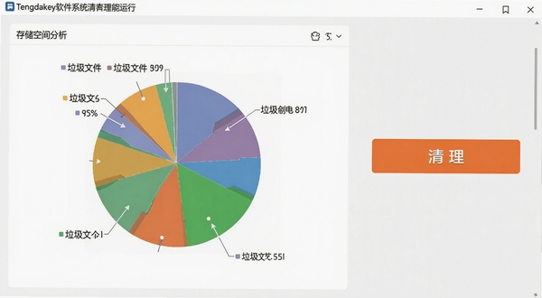 Tengdakey软件系统清理功能运行界面截图,界面展示存储空间分析饼状图,不同颜色标记各类垃圾文件,旁边有醒目的清理按钮,整体UI设计清爽,数据展示直观