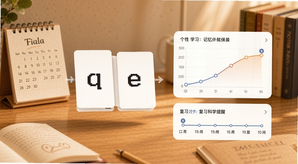 可牛英语智能复习界面示意图,画面中央显示一个单词卡片翻转动画,旁边有记忆曲线图表和复习提醒时间轴,背景为暖色调的桌面场景,配有日历和书本元素,突出个性化学习与科学规划。
