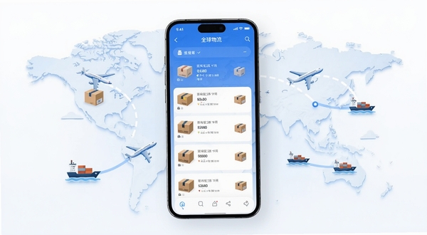 打造全球快递应用主界面预览图,手机屏幕中显示多个国际快递包裹的追踪列表,地图背景上点缀着飞机和货轮图标,整体风格现代简洁,主色调为蓝色和白色,画面清晰明亮,突出全球物流追踪的核心功能
