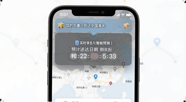 打造全球快递物流推送通知示例,手机顶部弹出通知栏,显示“您的包裹已到达中国海关”,背景为简洁的物流地图界面,带有预计送达日期倒计时,突出实时提醒与智能预测功能