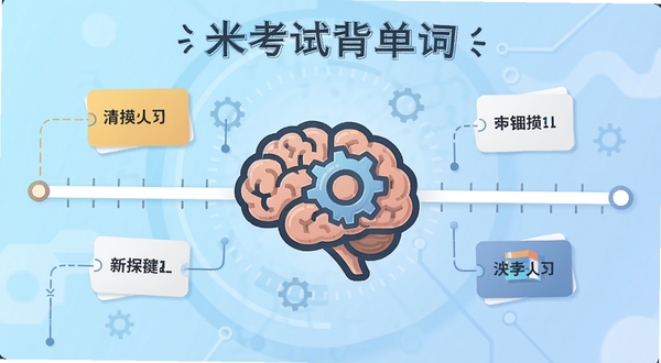 米考试背单词智能复习计划示意图,画面中有一个大脑与齿轮结合的图标,周围环绕时间轴与单词卡片,背景为淡蓝色科技感渐变,风格扁平化设计