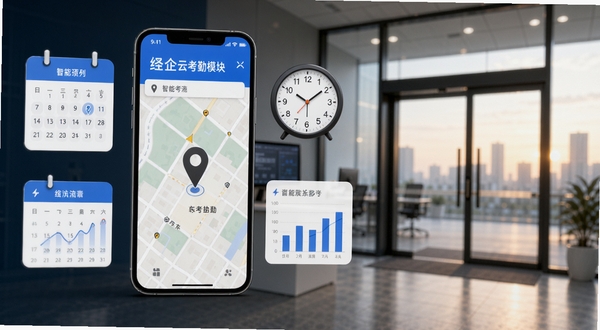 绛企云考勤模块展示,手机在地图上显示打卡位置,周围有日历、时钟和统计图表元素,背景为清晨的办公室入口,体现智能考勤的准确与便利
