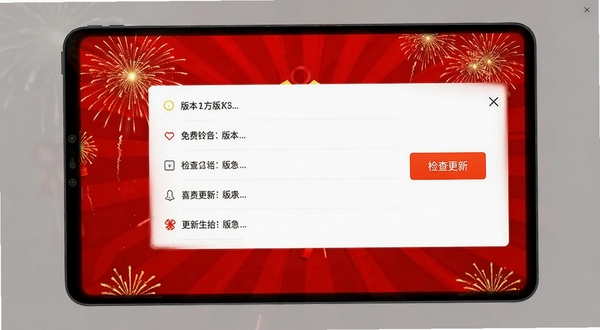 免费铃声喜庆版更新日志界面,屏幕显示版本号列表,旁边有“检查更新”按钮,背景为喜庆红色并点缀烟花特效,画面简洁直观,突出软件升级功能,高清界面截图风格