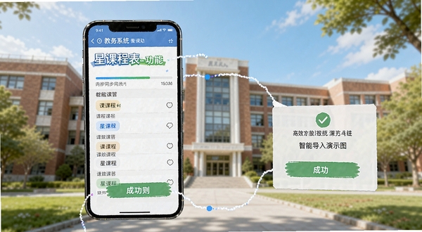 星课程表智能导入功能演示图,画面显示手机连接教务系统后自动同步课程列表,界面有进度条和成功提示,背景为校园教学楼,色彩明亮,突出高效便捷的特点