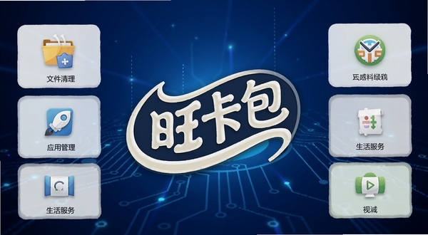 旺卡包软件主界面预览图,展示其集成的文件清理、应用管理、生活服务等核心功能模块图标,背景为科技感十足的深蓝色渐变,画面中心是醒目的旺卡包卡通LOGO,整体风格简洁明亮,突出多功能与高效便捷的特性