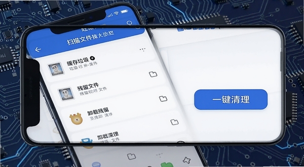 旺卡包智能文件清理功能操作界面,手机屏幕显示扫描出的垃圾文件分类列表,包括缓存垃圾、残留文件、卸载残留等,旁边有醒目的“一键清理”按钮,界面以清爽的蓝白色调为主,背景模拟手机主板电路图纹理,展示深度清理的强大能力