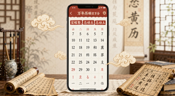 画面主体为一款名为万年历顺日万全的安卓手机应用界面特写,悬浮于淡雅的中式书房背景之上,界面清晰展示农历日期与“宜嫁娶、忌动土”等红色小字,周围辅以祥云、老黄历书卷等元素,整体风格古朴而清新,突出软件的传统黄历功能与现代手机应用的结合。