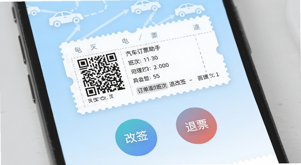 汽车订票助手订单详情与退改签界面设计图,屏幕显示一张电子车票样式,包含二维码与班次信息,下方有“改签”和“退票”两个圆形按钮,页面背景采用浅蓝色渐变,点缀简约的汽车图标与路线图纹样,整体风格干净专业,突出操作便捷与安全性。