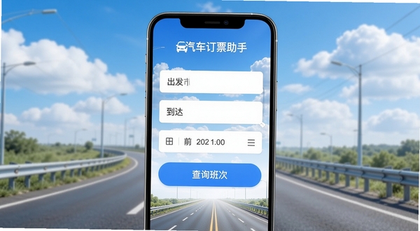 汽车订票助手主界面预览图,展示一款智能手机屏幕内嵌应用界面,界面顶部显示“汽车订票助手”品牌标识,中间为出发城市、到达城市输入框及日期选择器,下方有醒目的“查询班次”按钮,背景采用蓝天白云与高速公路的融合设计,整体色调清新明亮,突出便捷、高效的出行主题,画面中无人物或文字遮挡核心元素,适合应用商店宣传图风格。