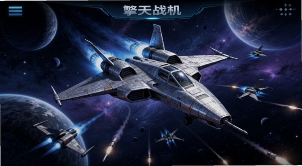 擎天战机游戏主界面预览图,画面中央是一架造型炫酷的银色星际战斗机,背景为深邃的宇宙星空,点缀着星球与星云,前方有少量敌机与子弹轨迹,整体风格偏向科幻写实,色彩以蓝紫冷色调为主,画面细节丰富,光影效果突出,适配手机竖屏显示