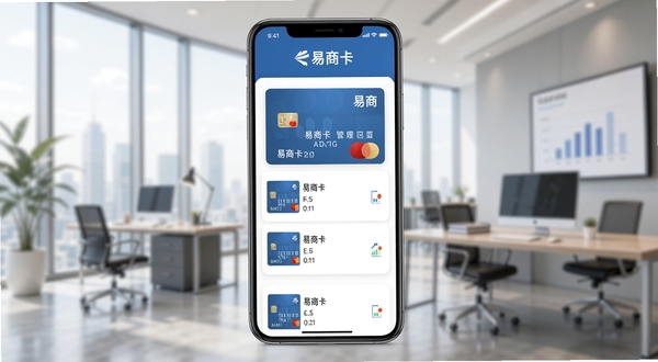 易商卡主界面展示,手机屏幕内显示卡片管理列表,背景为商务办公场景,简洁明亮,突出软件名称易商卡,画面居中,现代扁平化风格,高清渲染