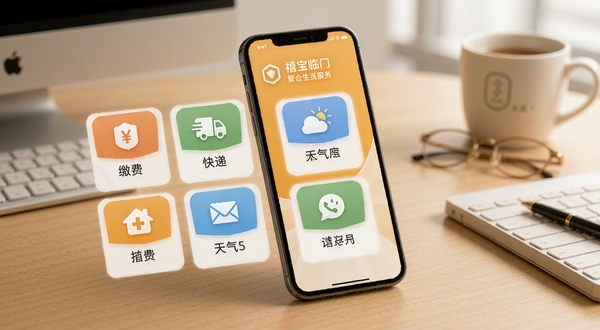 展示禧宝临门聚合的生活服务功能图标,包括缴费、快递、天气等,以卡片式布局呈现,背景为整洁的办公桌面,手机屏幕高亮显示各功能入口,整体色调温暖,传达便捷与高效