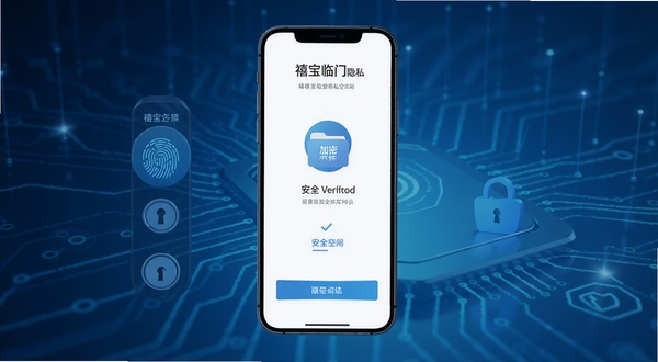 展示禧宝临门隐私空间界面,有指纹锁与加密文件夹图标,背景为科技感蓝色调,手机屏幕显示安全验证步骤,整体风格专业且安全
