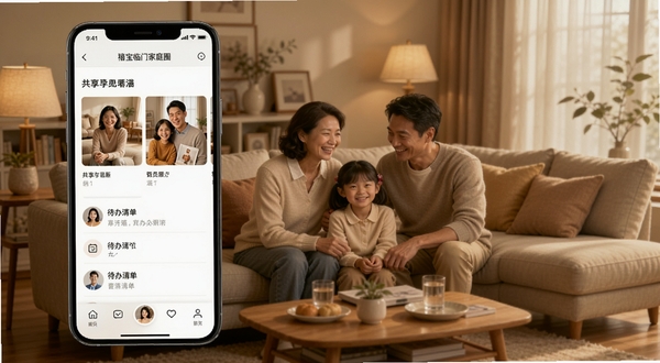 展示禧宝临门家庭圈共享界面,包含共享相册与待办清单,背景为温馨的家庭客厅场景,手机界面显示成员互动动态,色调温暖,突出亲情与互动氛围