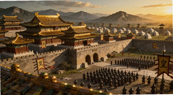 生图提示词:宏大的古代皇城全景,雕梁画栋的宫殿群与远处连绵的军营帐篷,游戏皇城传说主视觉图,金碧辉煌的琉璃瓦在夕阳下折射光芒,城墙上旌旗猎猎,画面中景是整装待发的士兵方阵,背景是层峦叠嶂的远山,电影级光影,高细节,4K超清画质