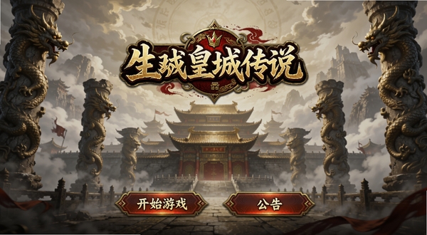 生图提示词:游戏皇城传说登录界面,古风游戏LOGO置于画面中央偏上,背景是云雾缭绕的皇城与龙纹石柱,界面下方有醒目的开始游戏与公告按钮,整体UI设计庄重大气,暗金色与红色为主色调,充满神秘感与王者之气