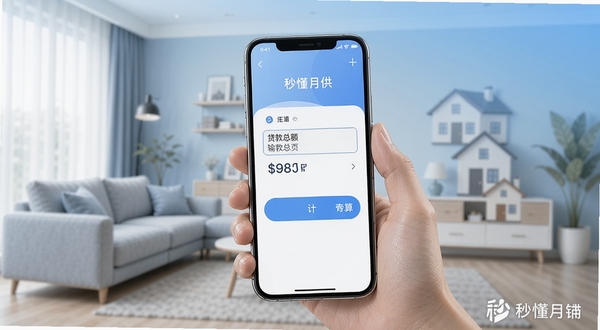 一个干净明亮的手机界面展示秒懂月供主功能,屏幕中央显示贷款总额输入框和计算按钮,背景是淡蓝色渐变的现代客厅与房产元素,画面中有人手持手机查看月供结果,整体风格清爽写实,突出房贷计算工具的使用场景,画质高清,包含秒懂月供品牌名称水印