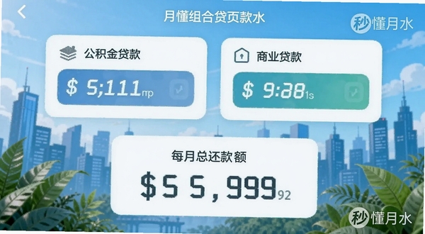 秒懂月供组合贷款计算页面放大效果,界面上方显示公积金贷款和商业贷款两个输入卡片,下方合并展示每月总还款额,背景是城市天际线剪影与绿色植物,风格简洁明亮,数字显示清晰,画面带有秒懂月供水印标识,符合金融科技类APP视觉风格