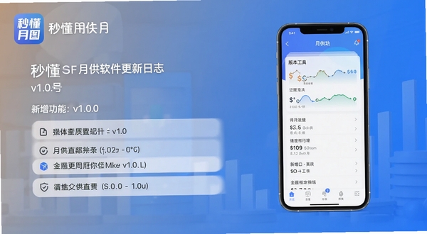 秒懂月供软件更新日志截图,界面显示版本号v1.0.0和新增功能列表,背景为纯色渐变,配有手机模型展示应用界面,整体风格现代简约,图片包含秒懂月供图标标识,突出金融工具的专业可靠感