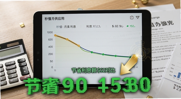 秒懂月供提前还款模拟界面特写,屏幕显示一条下降的利息曲线对比图,下方有节省利息金额的绿色大字,背景是书房桌面带计算器和房贷合同,画面加入金色箭头指向节省金额,营造理财规划的专业氛围,图片清晰包含秒懂月供应用界面