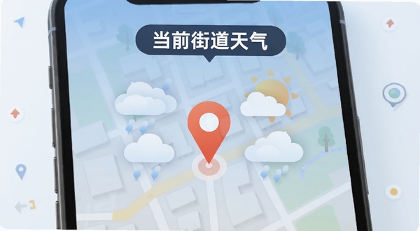 天气预报本地准定位功能示意图,手机地图上显示一个精准的定位点,周围有云层和太阳图标,文字标签显示“当前街道天气”,画面风格简洁现代,突出本地化精准定位特色