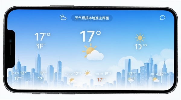 天气预报本地准主界面展示,手机屏幕中央显示当前城市温度、天气图标和未来几小时预报,背景为蓝白渐变的城市天际线,画面清晰明亮,突出软件实时天气核心功能,引导关注界面布局与视觉风格