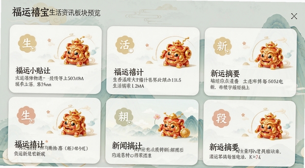 福运禧宝生活资讯板块预览,以卡片形式展示多条生活小贴士与新闻摘要,界面风格简约,配有精美图标与插图,整体视觉舒适,信息层级清晰