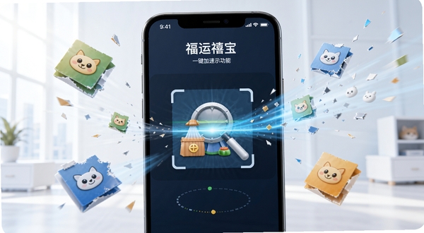 福运禧宝一键加速功能示意图,手机屏幕显示垃圾清理扫描动画,周围有悬浮的缓存文件碎片被清理消失,背景干净明亮,突出速度感与清爽感