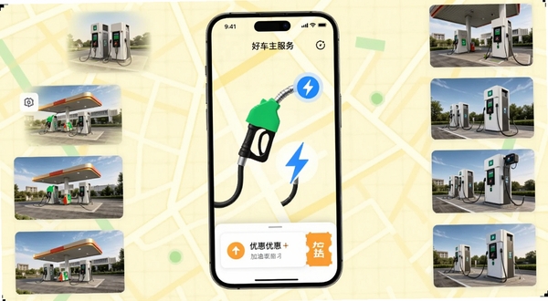 好平车主服务加油充电功能展示,手机端地图界面显示绿色加油枪与蓝色闪电图标,周围环绕加油站与充电站实景照片缩略图,背景为淡黄色网格地图,底部弹出优惠券卡片,现代简约风格,色彩鲜明,UI设计精细