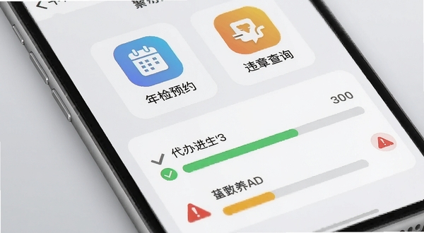 好平车主服务车务办理界面截图风格,手机屏幕上方显示“年检预约”和“违章查询”彩色图标,下方列出代办进度条,背景为简洁的浅灰色渐变,辅以绿色对勾与红色警示符号点缀,扁平化设计,明亮清晰,高清细节