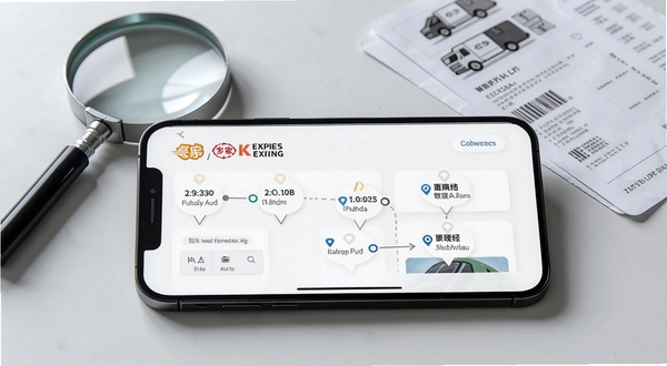 快递包裹寄收便捷查查询界面预览图,智能手机横屏展示聚合多家快递公司logo的查询结果页面,物流节点清晰标注时间地点,背景为浅灰色桌面配放大镜和快递面单,整体科技感十足