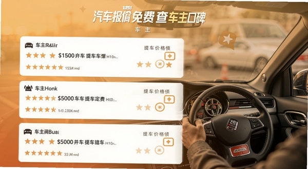 汽车报价免费查车主口碑页面,展示多条车主评价与提车价格,背景为暖色调,增加真实感