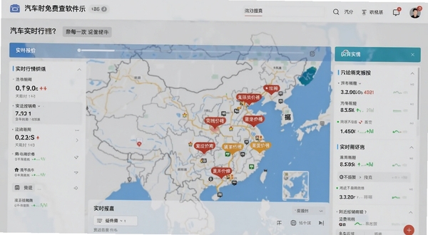 汽车报价免费查软件展示实时行情页面,地图上标出附近经销商价格,背景为浅灰色调,突出数据实时性