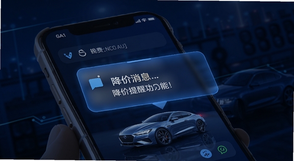 汽车报价免费查降价提醒功能示意图,手机通知栏弹出降价消息,背景为深蓝色科技感风格