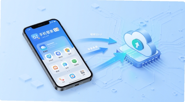 手机管家app数据备份增量备份示意图,展示手机数据流变化,箭头指向云端存储图标,背景为淡蓝色科技风格,体现智能高效的备份过程
