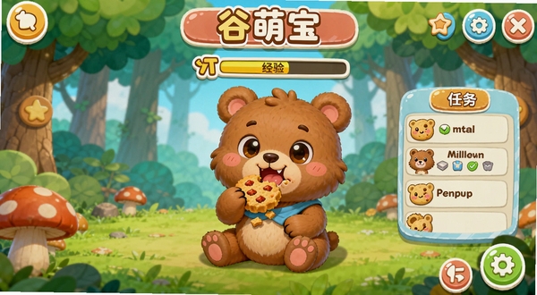 谷萌宝角色养成界面,展示一只正在吃零食的卡通小熊,屏幕上有经验条和任务列表,背景是卡通森林,色彩鲜艳,UI设计圆润可爱。
