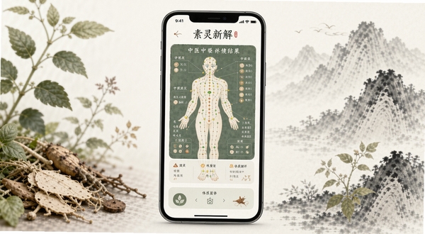 素灵新解应用主界面展示,一块智能手机屏幕居中,屏幕内显示中医经络穴位图谱与体质测评结果界面,背景为柔和的中草药植物与山脉水墨画风格,整体色调淡雅,突出健康与智慧的氛围,画质高清,细节丰富。