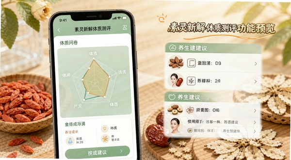 素灵新解体质测评功能预览图,展示手机界面中完成问卷后生成的体质雷达图与养生建议列表,背景搭配枸杞、红枣等药食同源食材,画面明亮温暖,突出个性化健康管理概念。