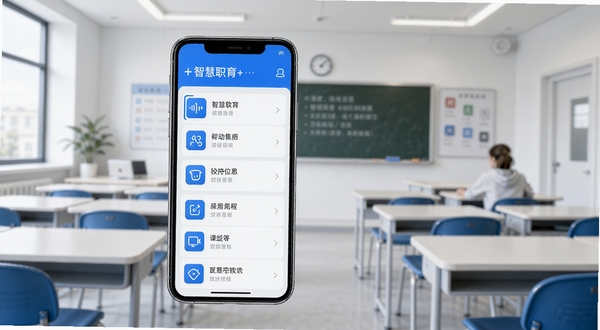 智慧职教+软件主界面预览图,展示课程列表和功能图标,背景为现代简约的教室环境,界面风格清晰明亮,前景突出手机屏幕中的软件UI,整体色调以蓝色和白色为主,体现职业教育与移动互联的融合。