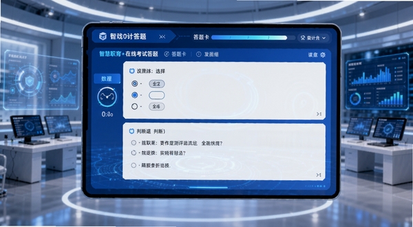 智慧职教+在线考试答题界面,展示选择题和判断题题型,顶部有倒计时和答题卡进度条,背景为未来科技感的学习环境,界面采用蓝白配色,突出智能测评与数据分析功能。