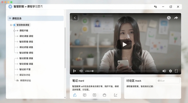 智慧职教+课程学习页面截图,左侧为课程目录结构,右侧为视频播放窗口,下方有笔记和讨论区入口,界面设计简洁直观,背景虚化处理突出软件内容,色彩搭配柔和舒适。