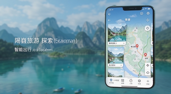 旅游应用主界面预览图,手机屏幕展示着精美的景点推荐卡片和地图导航界面,背景是模糊处理的山水风景,整体风格明亮清新,突出智能出行与探索的主题